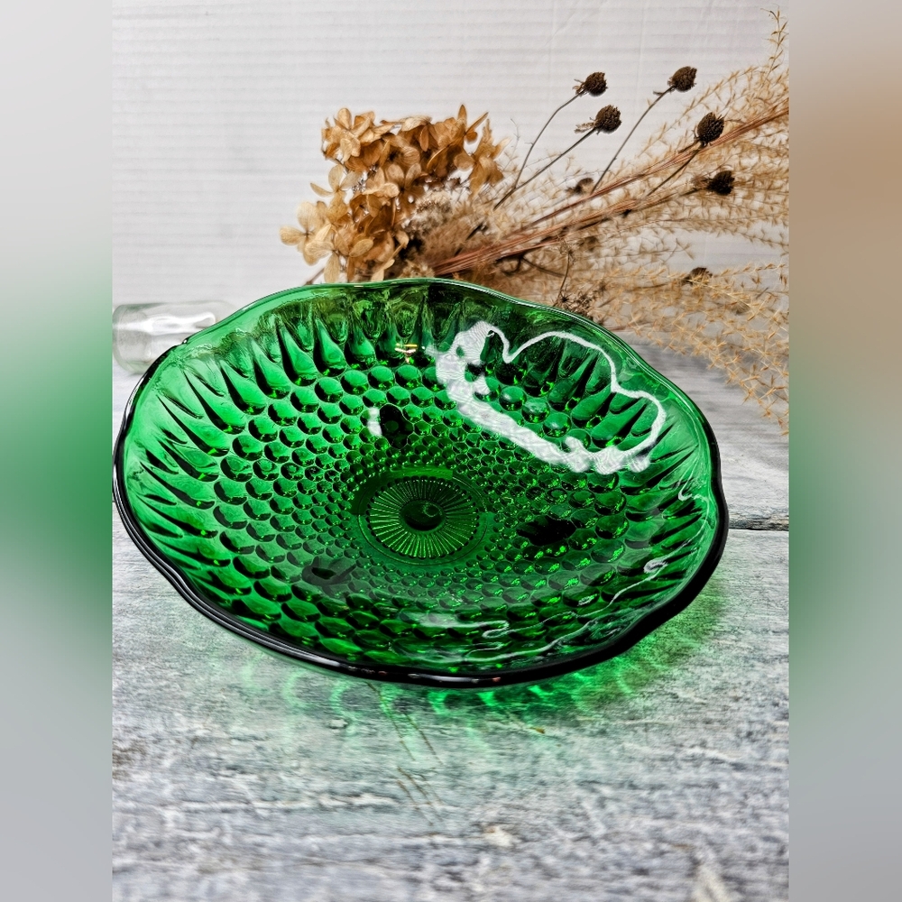 Vintage MCM Hobnail Glass | Emerald Green| Footed Bowl